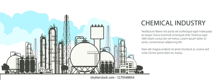 Chemical Industry Horizontal Banner , Industrial Chemical Plant , Refinery Processing Of Natural Resources, Poster Brochure Flyer Design, Vector Illustration