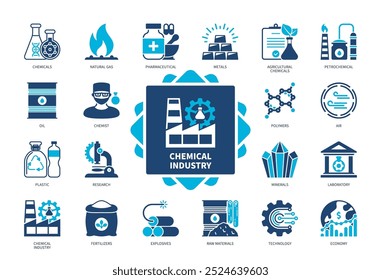 Conjunto de iconos de la industria química. Polímeros, Minerales, Metales, Farmacéuticos, Petroquímicos, Químicos, Fertilizantes, Tecnología. Iconos sólidos de color duotono