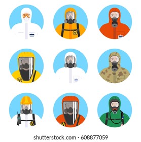 Chemical industry icons set. Different worker people in protective suits in flat style isolated on blue background. Dangerous profession. Vector illustration.