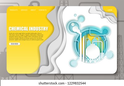 Chemical industry landing page website template. Vector paper cut chemical plant equipment and smoking piping.