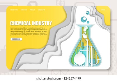 Chemical industry landing page website template. Vector paper cut illustration of chemical plant smoking pipes inside of lab flask.