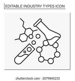 Chemical Industry Line Icon. Production Of Mineral Fertilizers, Artificial And Synthetic Fiber Plastics And Textiles.Research. Business Concept. Isolated Vector Illustration. Editable Stroke