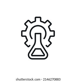 Icono lineal de la industria química. Ilustración de trazo modificable de la línea delgada del matraz y el engranaje. Símbolo de contorno. Dibujo de contorno aislado del vector.