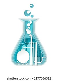 Chemical industry poster banner template. Vector illustration in paper art style. Chemical plant pipes with huge cloud of acid inside of chemical lab flask.