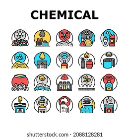 Chemical Industry Production Icons Set Vector. Polymers And Petrochemicals, Glue And Aerosol Spray, Rubber And Paint Varnish Chemical Industry Manufacturing Line. Color Illustrations