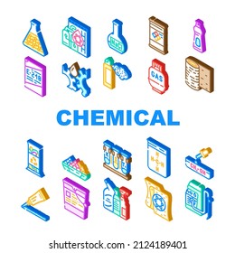 Chemical Industry Production Icons Set Vector. Specialty Chemical Liquid In Barrel And Industrial Oil, Rubber Roll Organic Solvent, Gas Cylinder And Laboratory Glass Isometric Sign Color Illustrations
