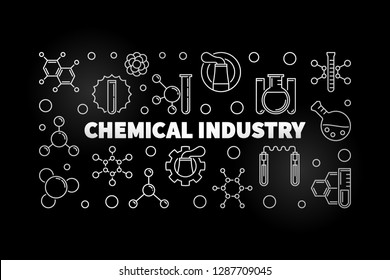 Chemical Industry vector silver concept horizontal banner in thin line style on dark background