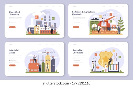 Chemical industry web banner or landing page set. Industrial chemistry and chemicals production. Oil, gas and fertilizer. Isolated flat vector illustration