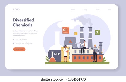 Chemical industry web banner or landing page. Industrial chemistry and chemicals production. Oil, gas and fertilizer. Isolated flat vector illustration