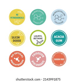 Chemical ingredients tag for cosmetic, label set. Isolated on white color round emblem collection with no petrochemicals, optical brighteners sign. Silicon dioxide, lauryl betaine emblem for product