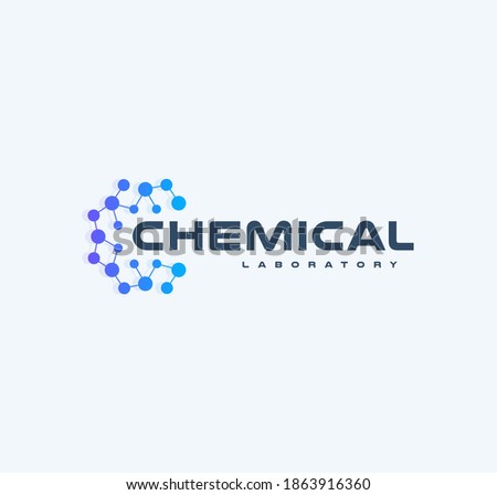 Chemical innovation tech logo, flat cartoon style vector logo concept. Round lattice with nodes, isolated icon on white background. Abstract blue logo for medical technology and developing startup