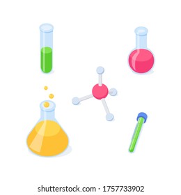 Chemisches isometrisches Set - Glaskolben und Reagenzglas mit Flüssigkeits- und Molekül-Modell zum Lernen und Studieren von Design. Chemieunterricht oder zurück zu Schule Isometrie Konzept.