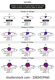 Chemical Isotopes infographic diagram with example of isotopes of Hydrogen Lithium Carbon and Oxygen atoms showing atomic weight number of protons and neutrons for chemistry science education