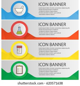 Chemical lab banner templates set. Medical tests jar, mortar and pestle, chemical reaction, test checklist website menu items. Color polygonal web banner concepts. Vector backgrounds