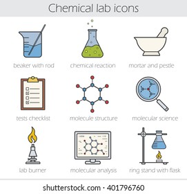 Chemical lab color icons set. Beaker with rod, chemical reaction, mortar and pestle. Tests checklist, molecule structure, lab burner, molecular science, ring stand. Vector isolated illustrations