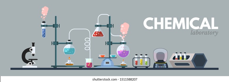 Chemical lab equipment flat vector illustration. Scientific tools, microscope, flasks with toxic liquid isolated clipart on grey background. Cartoon medical and chemistry laboratory banner design