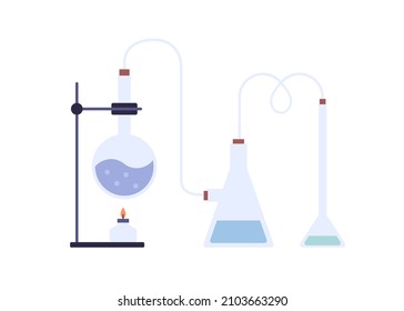 Equipo de laboratorio químico. Matraz de vidrio, vaso de precipitado, tubo, soporte y quemador para el líquido calorífico. Vasos de laboratorio para experimentos científicos y pruebas. Ilustración vectorial plana aislada en fondo blanco