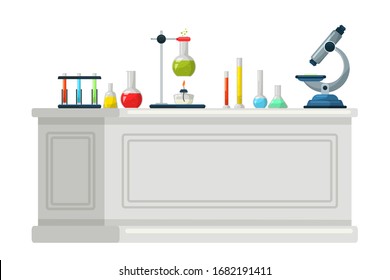 Chemical lab equipment on table flat vector illustration. Scientific tools, microscope, flasks with toxic liquid isolated clipart on white background. Cartoon medical and chemistry laboratory banner