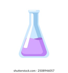 Chemical lab flask for laboratory experiment. Glassware, container filled with liquid, acid. Chemistry equipment for scientific research. Flat cartoon vector illustration isolated on white background