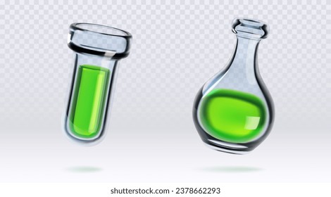 Chemical lab flasks with green liquid substance isolated on transparent background. Vector realistic illustration of research laboratory glass tubes with toxic fluid, magic potion, medical elixir