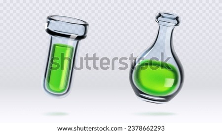 Chemical lab flasks with green liquid substance isolated on transparent background. Vector realistic illustration of research laboratory glass tubes with toxic fluid, magic potion, medical elixir