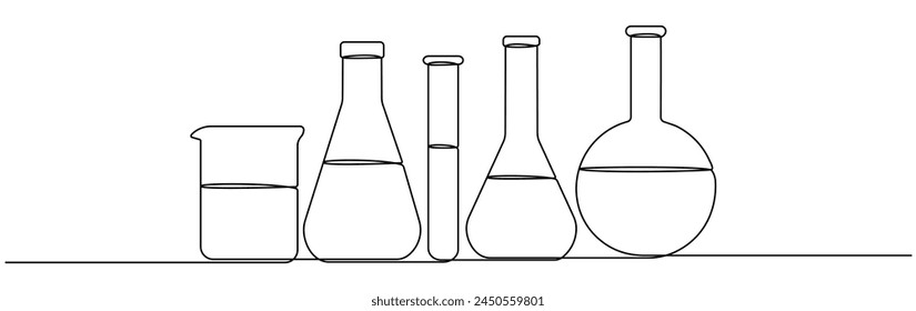 Chemical lab flasks set continuous line drawing. Science equipment linear bottles group. Vector illustration isolated on white.
