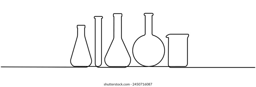 Chemical lab flasks set continuous line drawing. Science equipment linear bottles group. Vector illustration isolated on white.