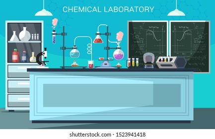 Chemical lab flat vector illustration. Scientific equipment, microscope, flasks with toxic liquid in cartoon chemistry classroom. Pharmaceutical experiments. Medical laboratory banner design