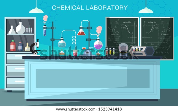 化学実験室の平らなベクターイラスト 科学機器 顕微鏡 毒液を入れたフラスコが 漫画の化学教室にある 製薬の実験 医学研究所のバナーデザイン のベクター画像素材 ロイヤリティフリー