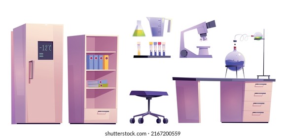 Chemical lab furniture set for science research, experiments and medical tests. Vector cartoon isolated illustration of laboratory room with microscope, flasks and tubes on table and refrigerator