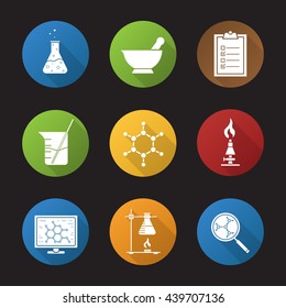 Chemical lab icons flat design long shadow icons set.