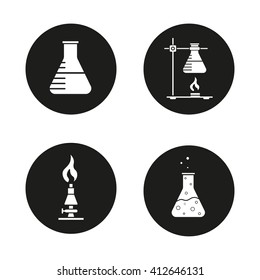 Chemical lab icons set. Beaker, ring stand with flask, lan burner and chemical reaction in flask. Science laboratory equipment. Vector white illustrations in black circles