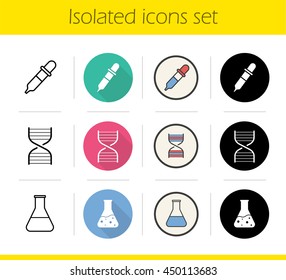 Chemical lab icons set. Flat design, linear, black and color styles. Science research equipment. Medical laboratory flask with liquid, DNA spiral and dropper. Isolated vector illustrations