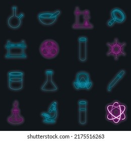 Chemical lab icons set. Illustration of 16 chemical lab vector icons neon color on black