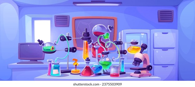 Chemical lab interior with microscope. Vector cartoon illustration of small laboratory room with experiment equipment, glassware with color substances on desk, computer, drawer, blackboard on wall