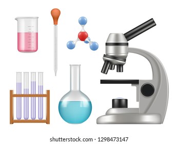 Chemical lab items. Science laboratory collection bottles microscope glass tubes biology vector realistic tools