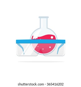 Chemical lab logo vector with safety glasses, glass bulb flask, concept of chemistry test, laboratory scientific experiment, pharmacy, medicine tech symbol modern flat design isolated on white emblem
