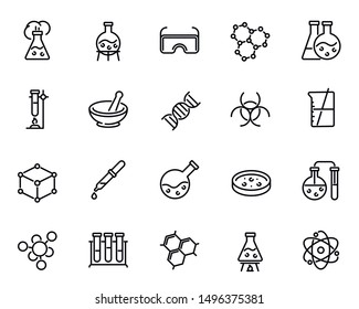 Chemical lab research vector linear icons set. Scientific laboratory test and analysis thin line illustrations pack. Chemistry and biotechnology design elements. Molecules isolated cliparts collection