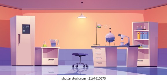 Laboratorio químico para investigación científica, experimentos y pruebas médicas. Ilustración vectorial de la sala de laboratorio con microscopio, frascos y tubos sobre mesa, nevera y armario