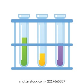 Chemical Lab Scientist Equipment, Laboratory Glassware in Holder Isolated On White Background. Lab Tube, Beaker or Flask Filled with Colorful Liquids For Chemical Test. Cartoon Vector Illustration