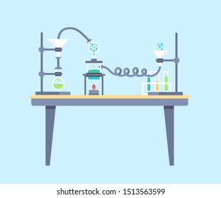 Chemical lab table flat vector illustration. Scientific equipment, microscope, flasks with toxic liquid isolated clipart on blue background. Pharmaceutical, medical laboratory, chemistry class