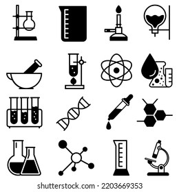 Chemical lab vector icons set. research illustration sign collection. Chemistry and biotechnology symbol.