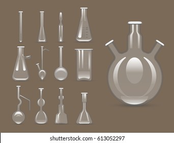 Chemical laboratory 3d lab flask glassware tube liquid biotechnology analysis and medical scientific equipment vector illustration.