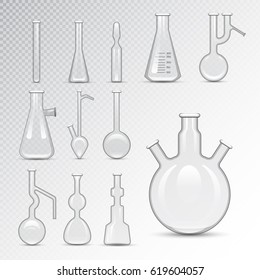 Chemical laboratory 3d lab flask glassware tube liquid biotechnology analysis and medical scientific equipment vector illustration.