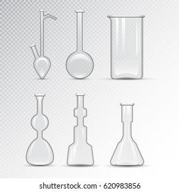 Chemical laboratory 3d lab flask glassware tube liquid biotechnology analysis and medical scientific equipment vector illustration.