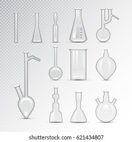 Chemical laboratory 3d lab flask glassware tube liquid biotechnology analysis and medical scientific equipment vector illustration.
