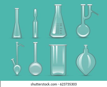 Chemical laboratory 3d lab flask glassware tube liquid biotechnology analysis and medical scientific equipment vector illustration.