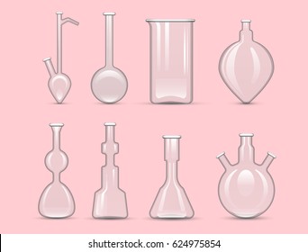 Chemical laboratory 3d lab flask glassware tube liquid biotechnology analysis and medical scientific equipment vector illustration.