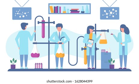 Chemical laboratory antivirus vaccine search vector illustration. Working scientists chemists team doing pharmaceutical researches banner. People in lab with glass flasks, test tubes, liquids.