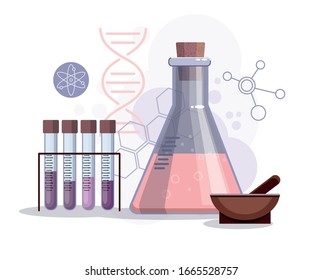 Chemical laboratory background, science laboratory research and development concept. Different  glassware with color liquid